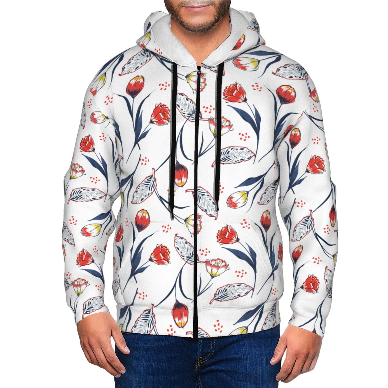 Geometric Floral Winter-Sky Full Zip Hoodie for Men