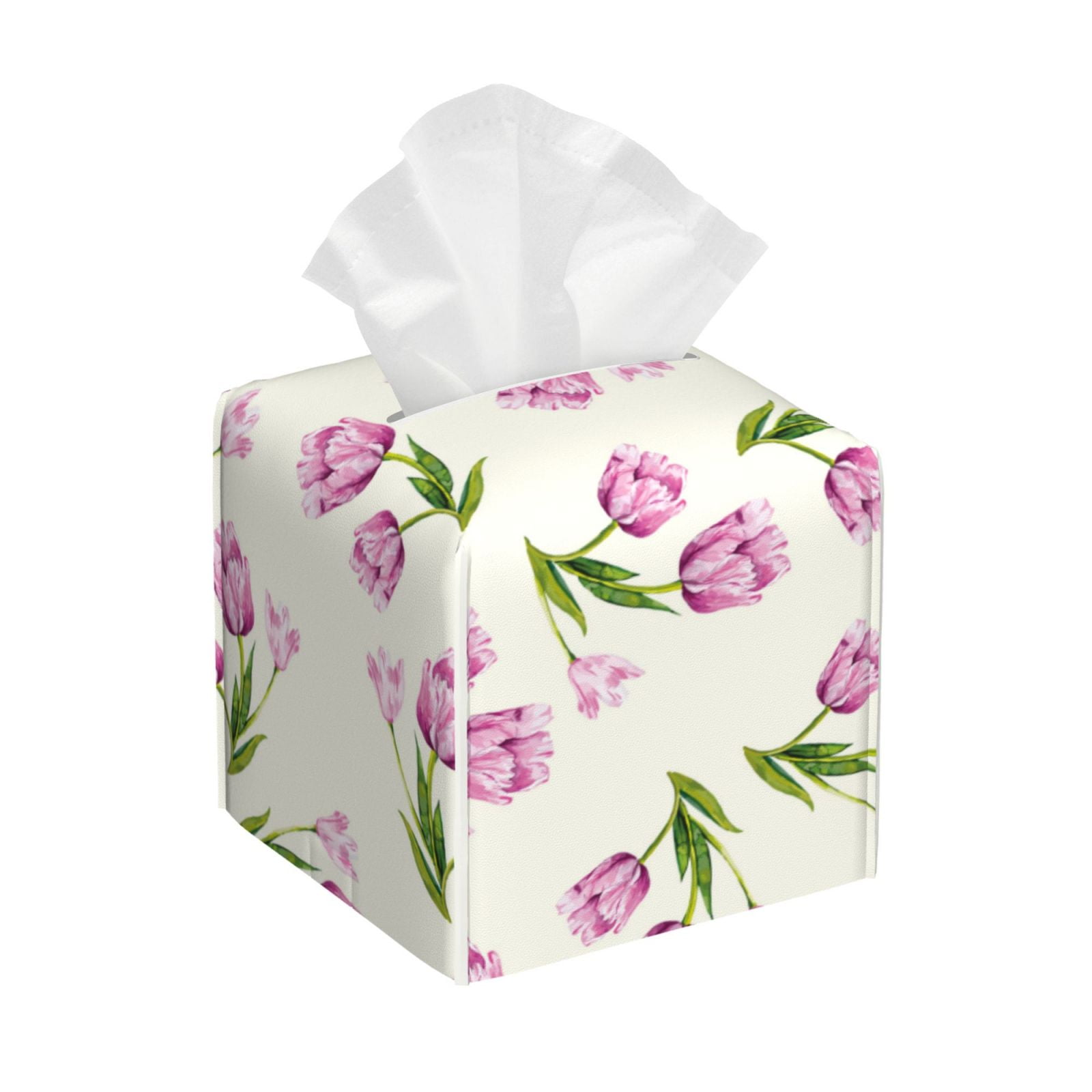 Adobk Tulips Flowers Print Tissue Box Cover, Square PU Leather Tissue