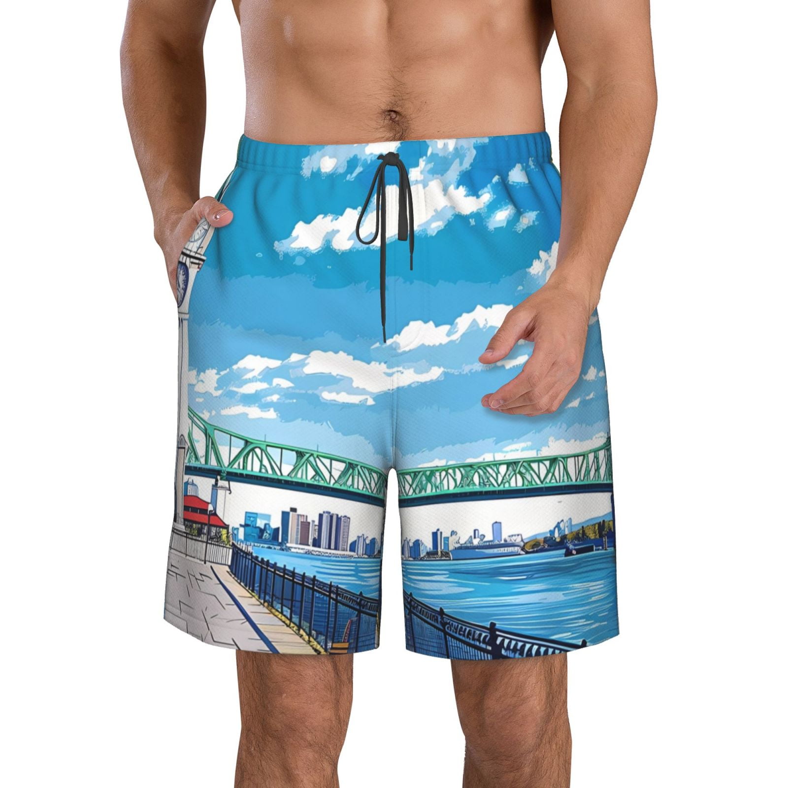 Adobk Urban Riverside Clock Tower Print Men's Swim Trunks Hawaiian