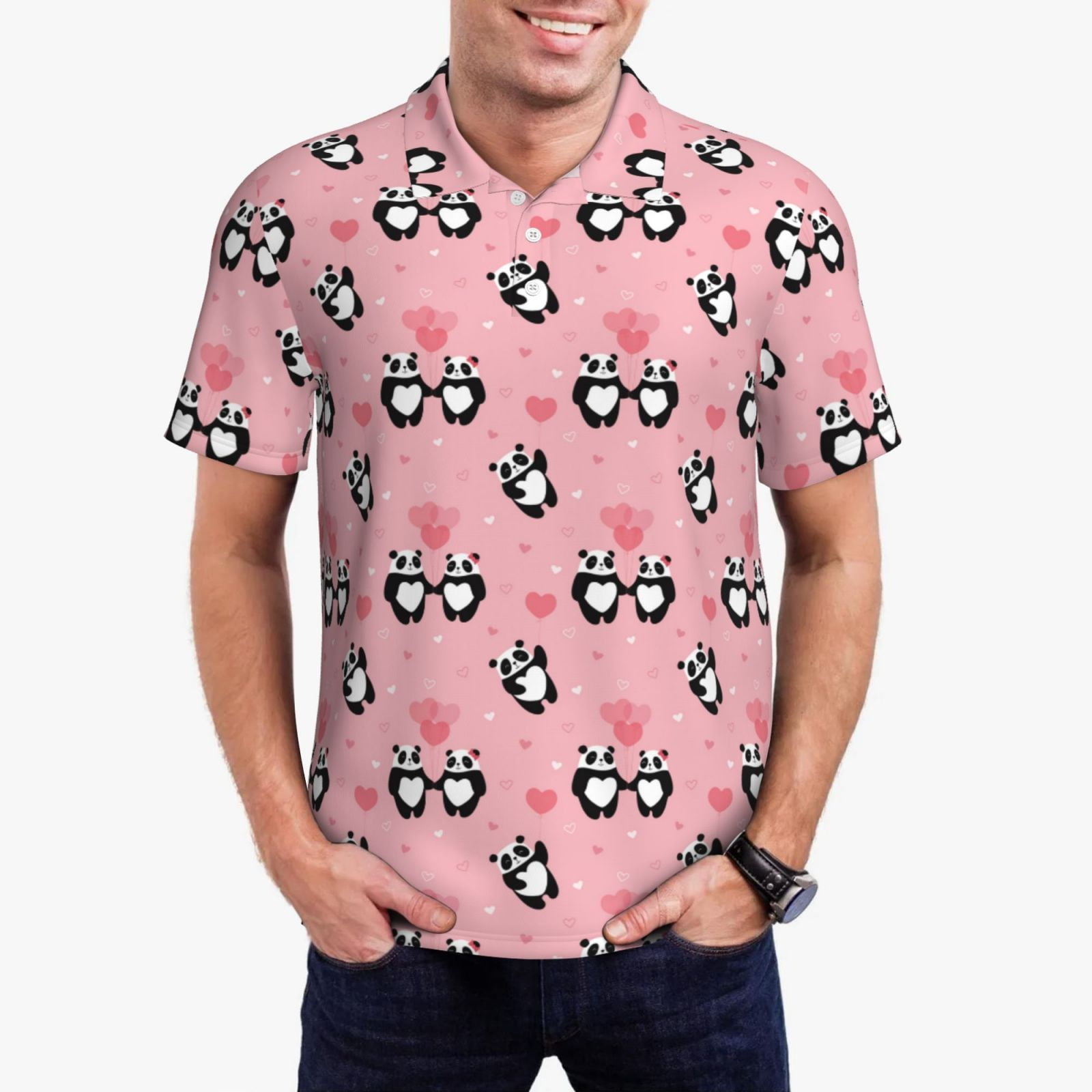 Adobk Valentine'S Day Panda Print Men’s Classic Polo Shirt Short Sleeve