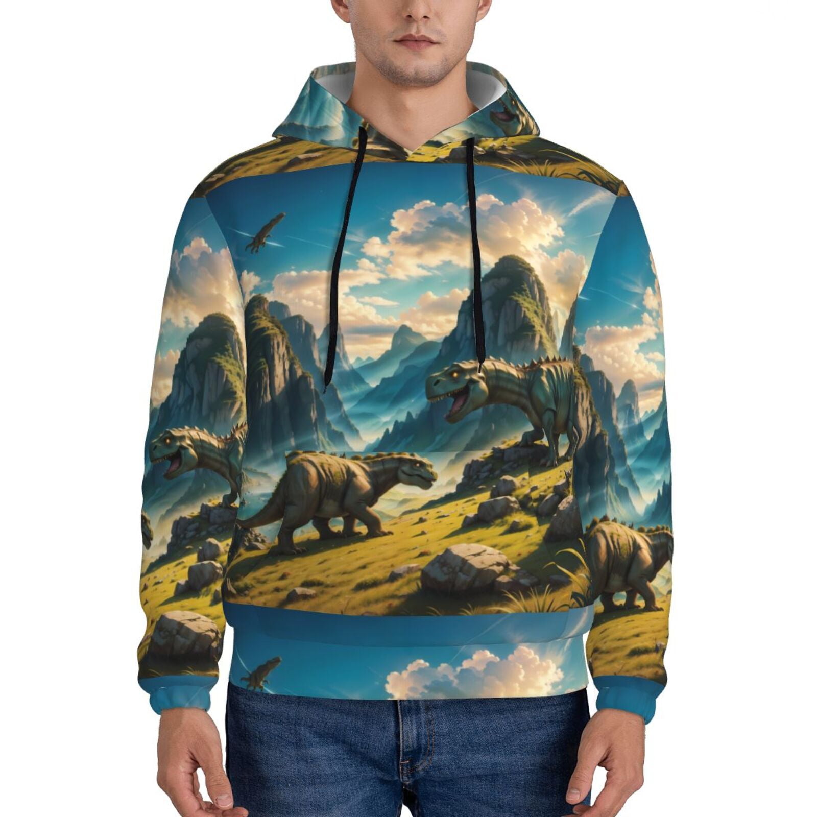Adobk Valley River Dinosaur Print Men's Pullover Hoodie Pullover Hooded