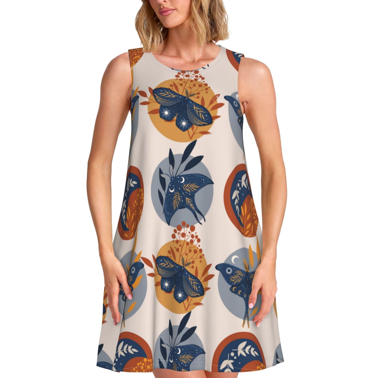 Women's Retro Purple Floral Butterfly Art Print Short Sleeve Midi Dress