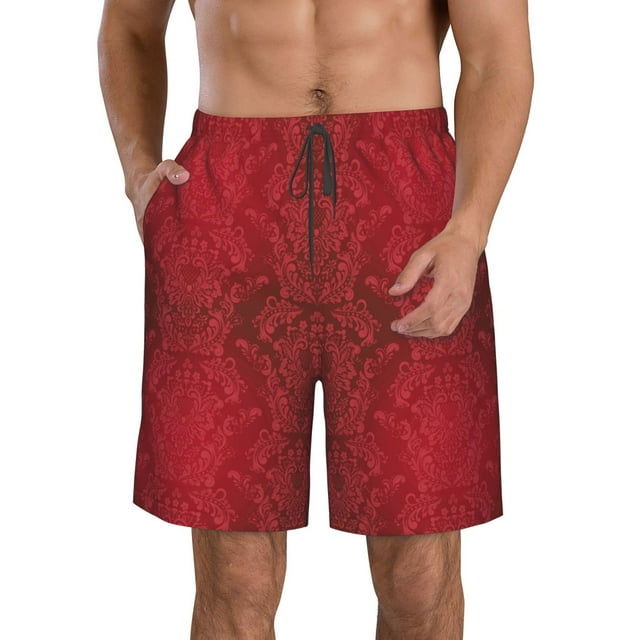 Adobk Vintage Burgundy Print Men's Swim Trunks Hawaiian Bathing Suit Swimsuits Beach Shorts with Pockets-3X-Large