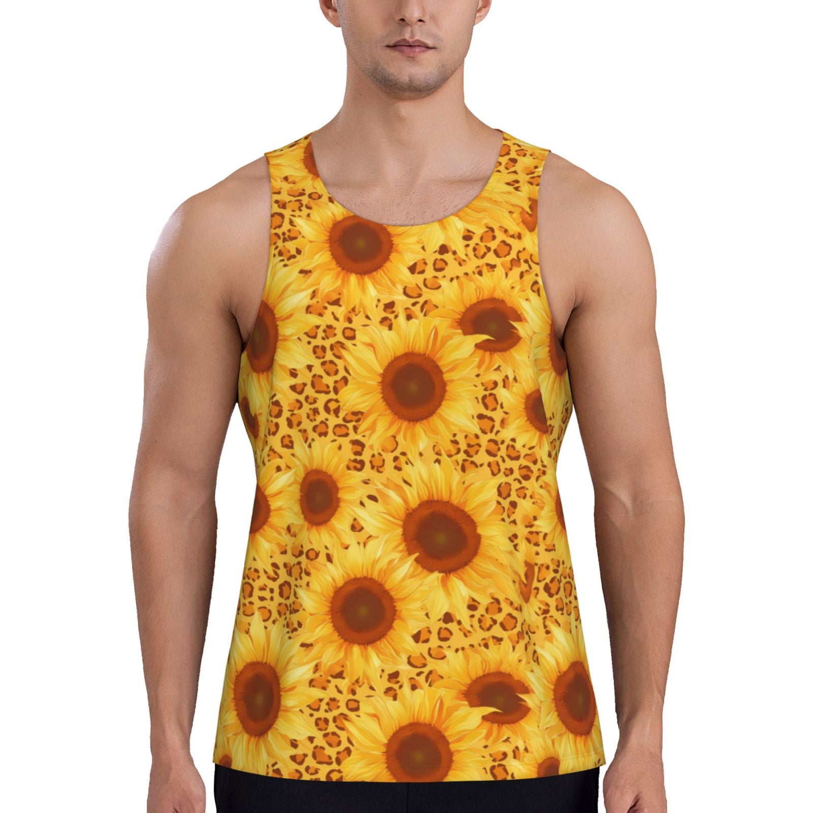 Adobk Vintage Leopard Print Sunflower Print Men's Workout Tank Tops