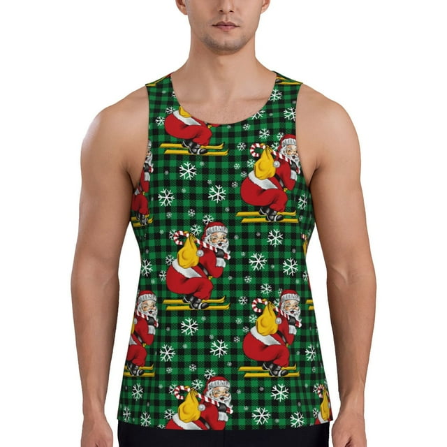 Adobk Vintage Santa Skiing Green Plaid Print Men's Workout Tank Tops