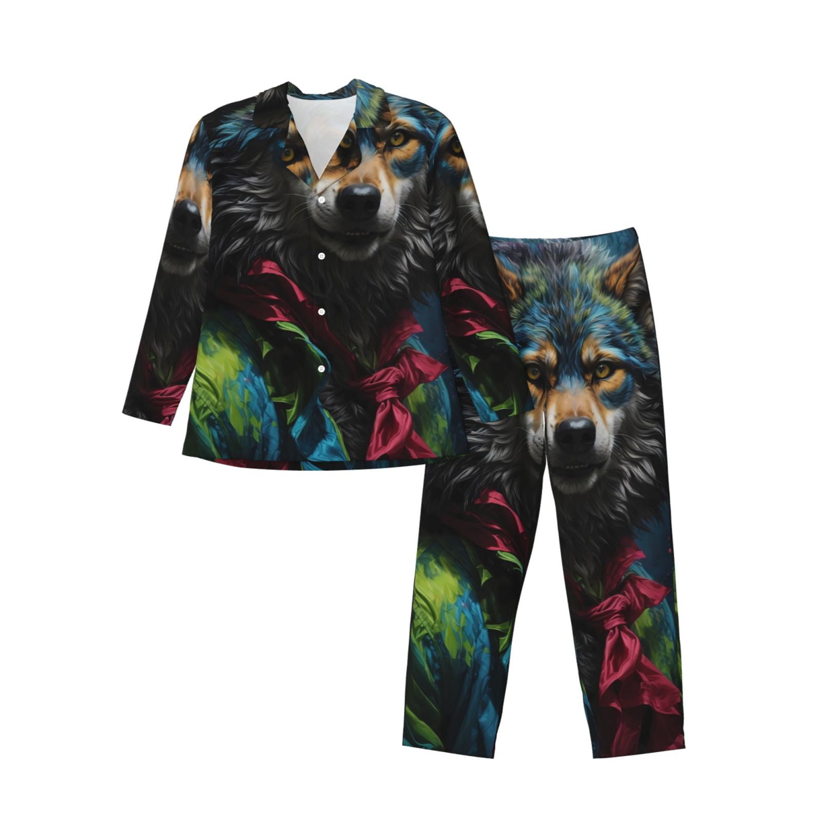 Adobk Vintage Wolf Warrior Print Mens Pajamas Set Long Sleeve Soft
