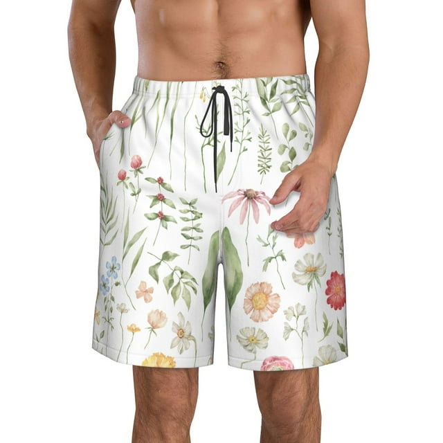 Adobk Wildflower Watercolor 2 Print Men's Swim Trunks Hawaiian Bathing Suit Swimsuits Beach Shorts with Pockets-Small