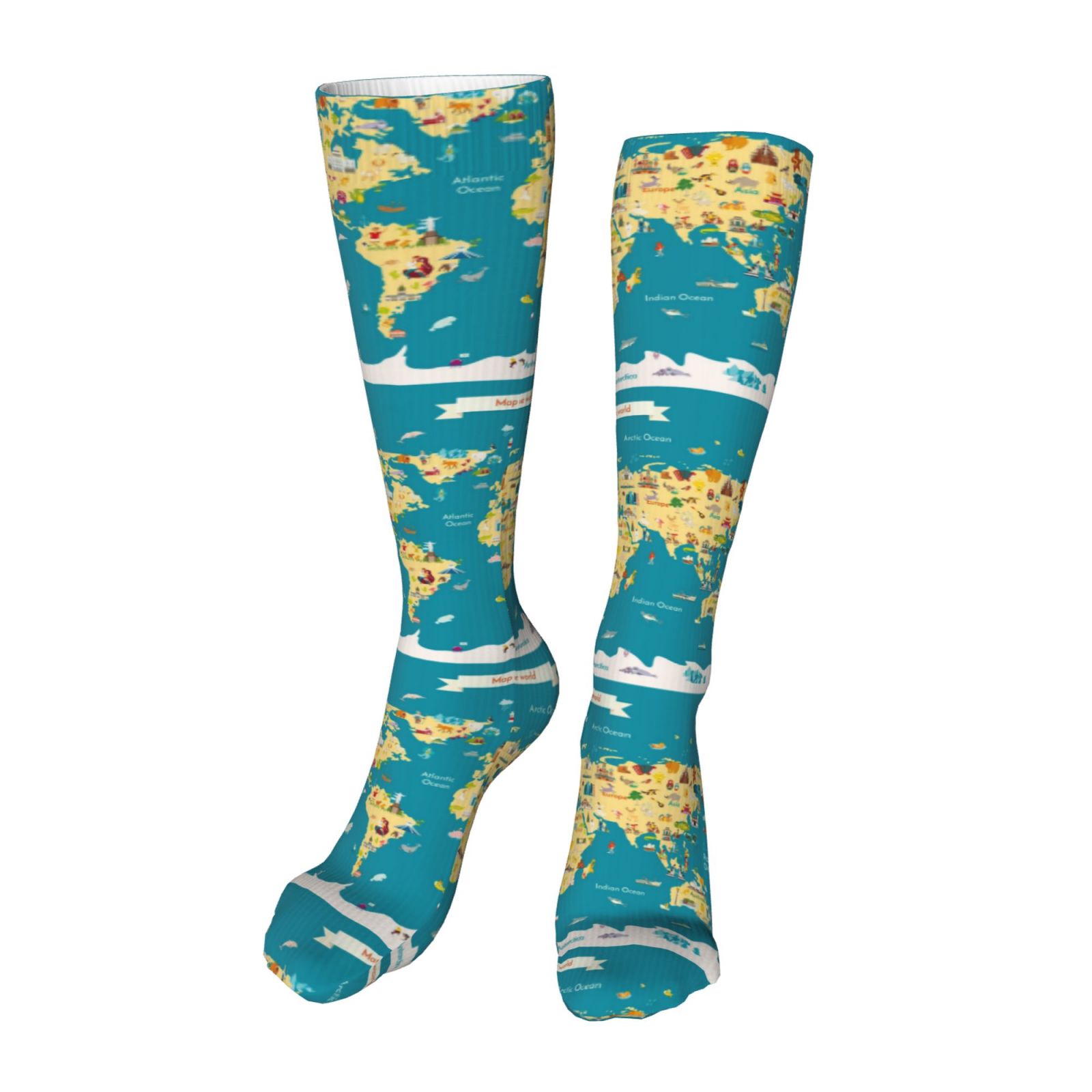 Adobk World Map With Landmarks Print Knee High Socks Athletic Tube