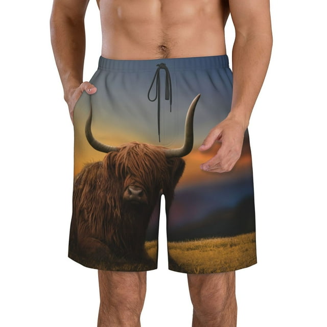 Adobk Yak Print Men's Swim Trunks Hawaiian Bathing Suit Swimsuits Beach Shorts with Pockets-Medium