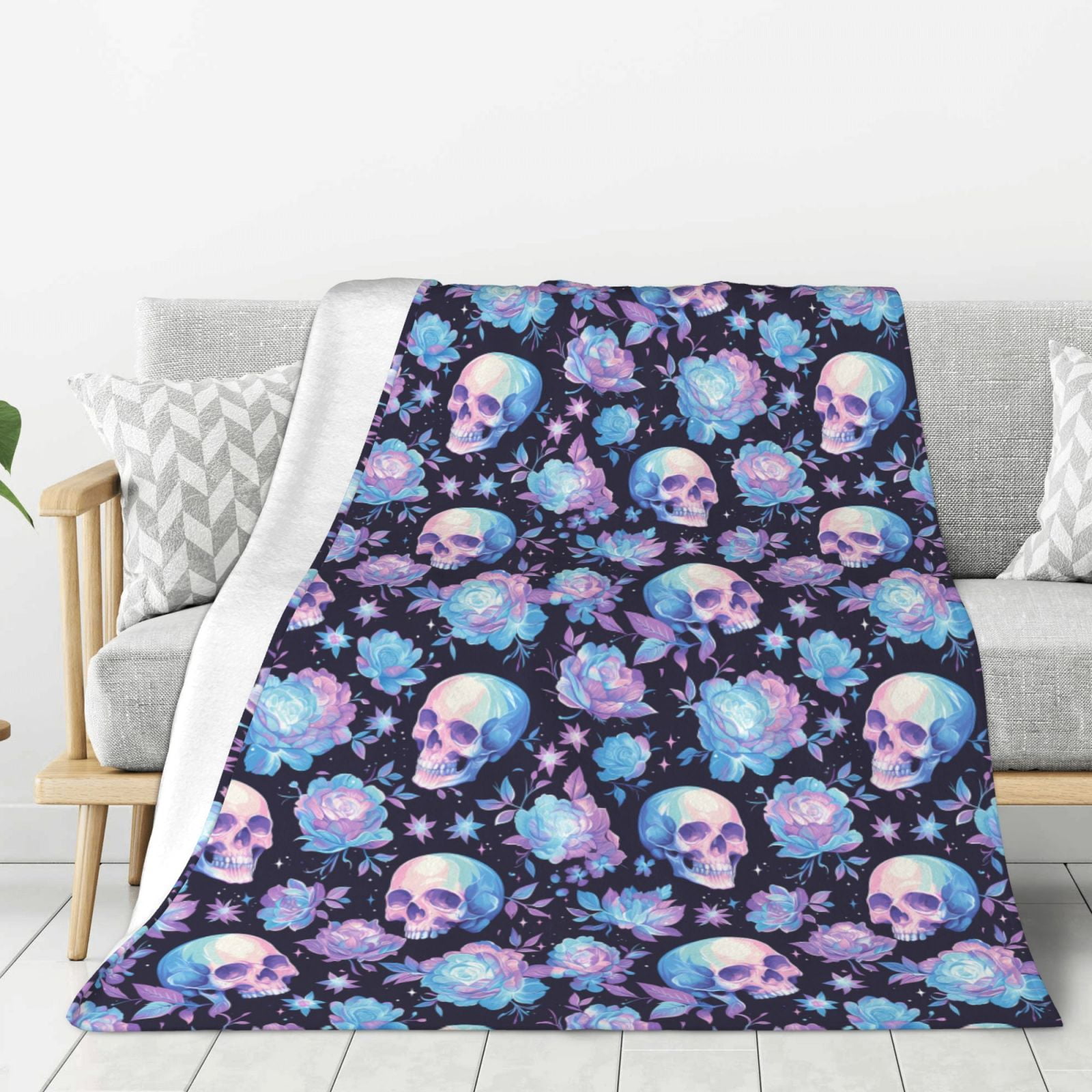 Adobk flower Skull in starry sky Print Blanket Super Soft Flannel Throw