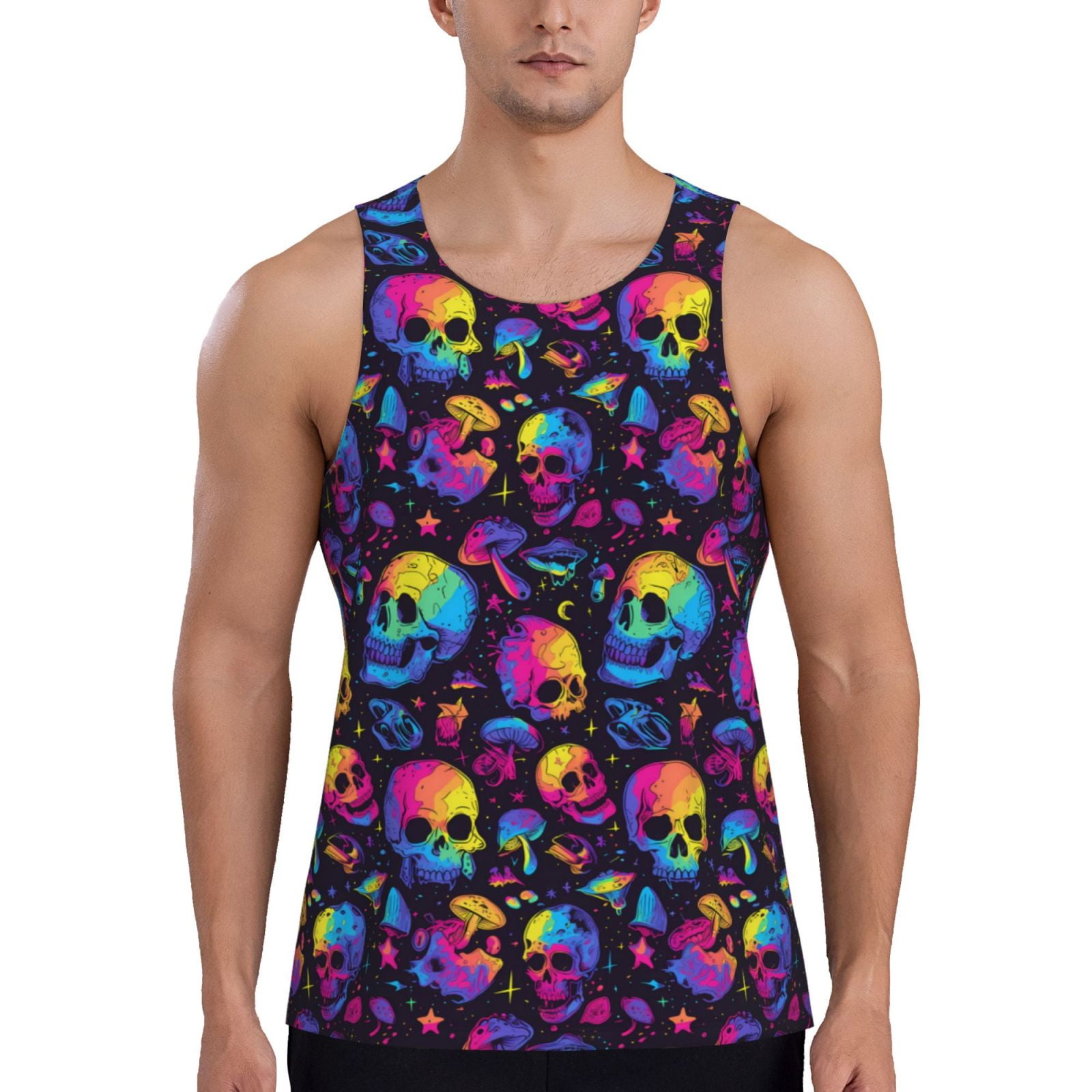 Adobk mushroom rainbow color Skull Print Men's Workout Tank Tops