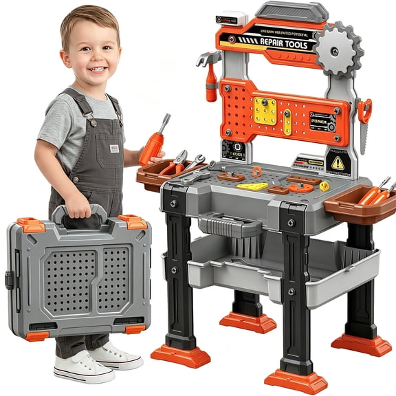 Adofi 2 in 1 Kids Tool Bench Play Set for Toddlers 3-5, 155 PCS Pretend Play Toolbox with Electric Drill and Realistic Tool, Educational Construction Mechanic Toolbox for Boys Ages 3-8