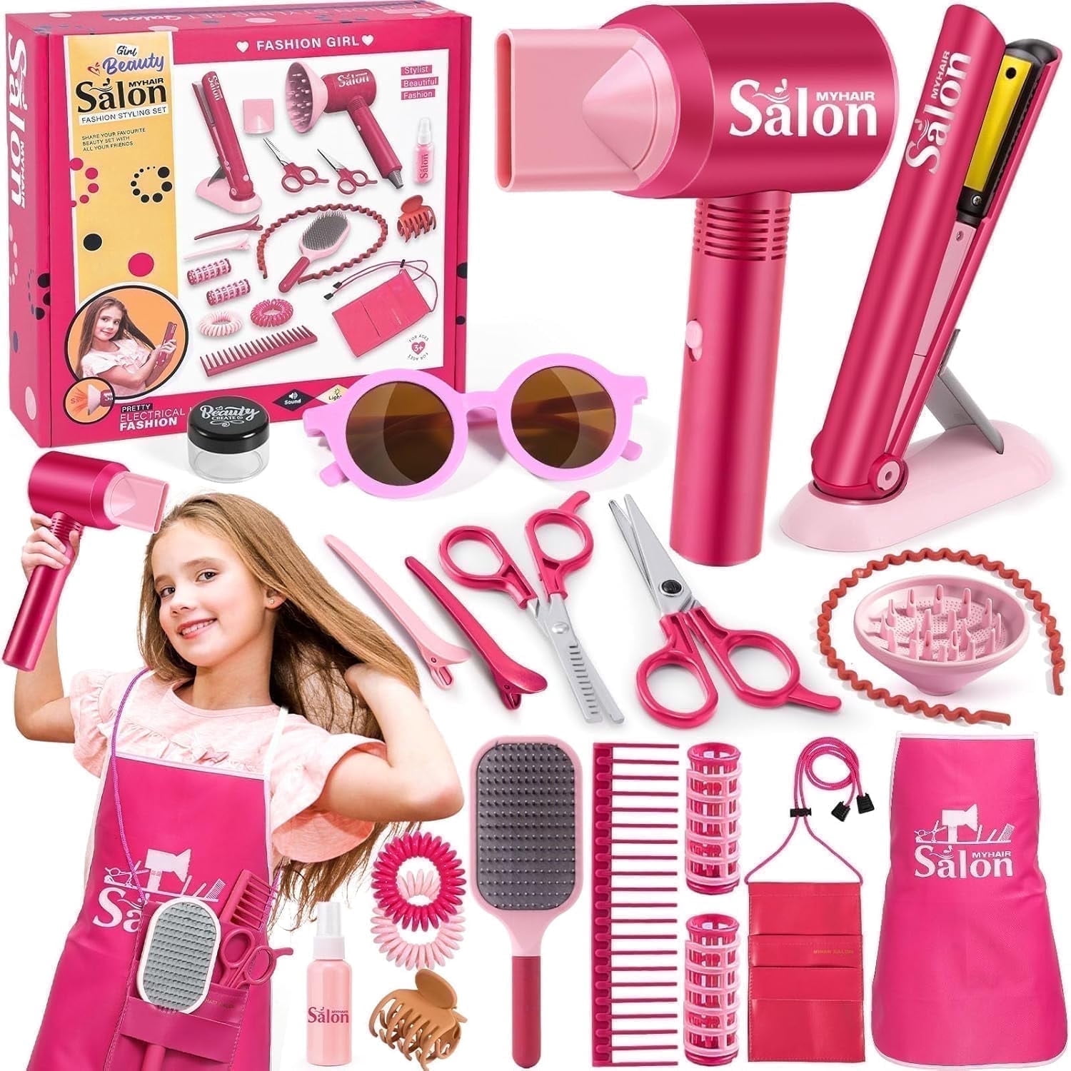 Adofi Girl Toys, 22 Pieces Play Hair Salon with Realistic Blow Dryer, Straightener, Pretend Play Makeup for Little Girls, Kids Makeup Set for Girls, Toys for Girls 3 6 Years, Girls Toys Ages 4 6