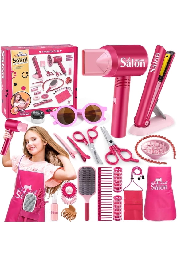 Girl Toys, 22 Pieces Hair, Kids Pretend Play Hair Styling Set with Realistic Blow Dryer Straightener Apron Scissors Accessories, Beauty Makeup Kit for Kids, Toys for Girls 3 6 Years