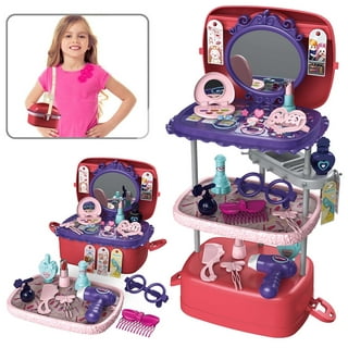 Little Girl Makeup Kit Pretend Play Hair Station with Case Kids Beauty  Salon Set Toys, Hairdryer, Brush,Mirror & Styling(17pcs) Toy for little girl  1 2 3 4 Years Old 