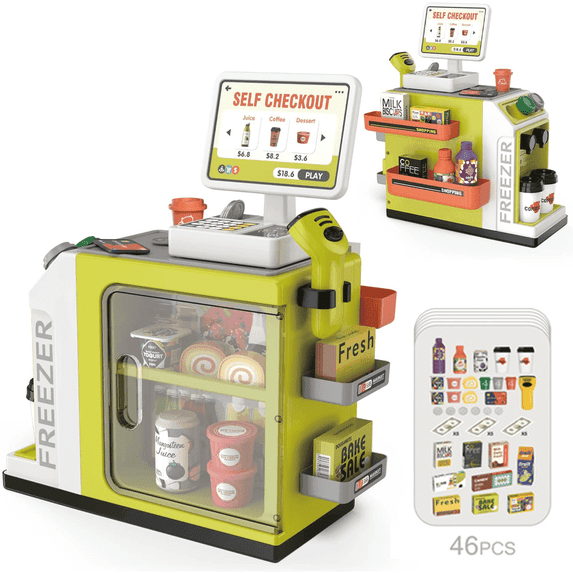 Adofi 46PCS Upgraded Cash Register Playset for Kids, Cashier Register Toy, Kids Pretend Play Cash Register Toys with Scanner, Shopping Cart, Calculator, Play Food, Toys for Girls 3 6 Years-Green