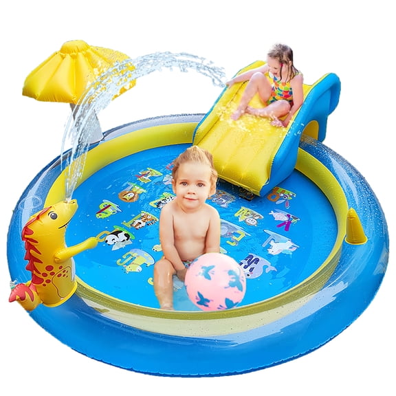Adofi Dinosaur Inflatable Play Center, Kids Round Wading Pool with Slide, Sprinkler, Shade