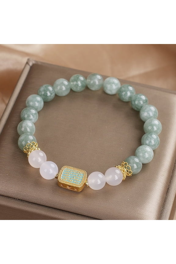 Elastic Jade Crystal Healing Power Energy Bracelet with Gift Box & Pouch, Gradient Green