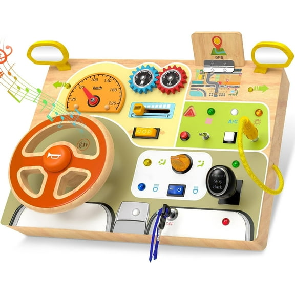 Adofi Montessori Busy Board for Toddlers, Car Steering Wheel Wooden Sensory Board, Learning Activity Board for Fine Motor Skills, Travel Toys for Educational Toddler Activities for Toddlers