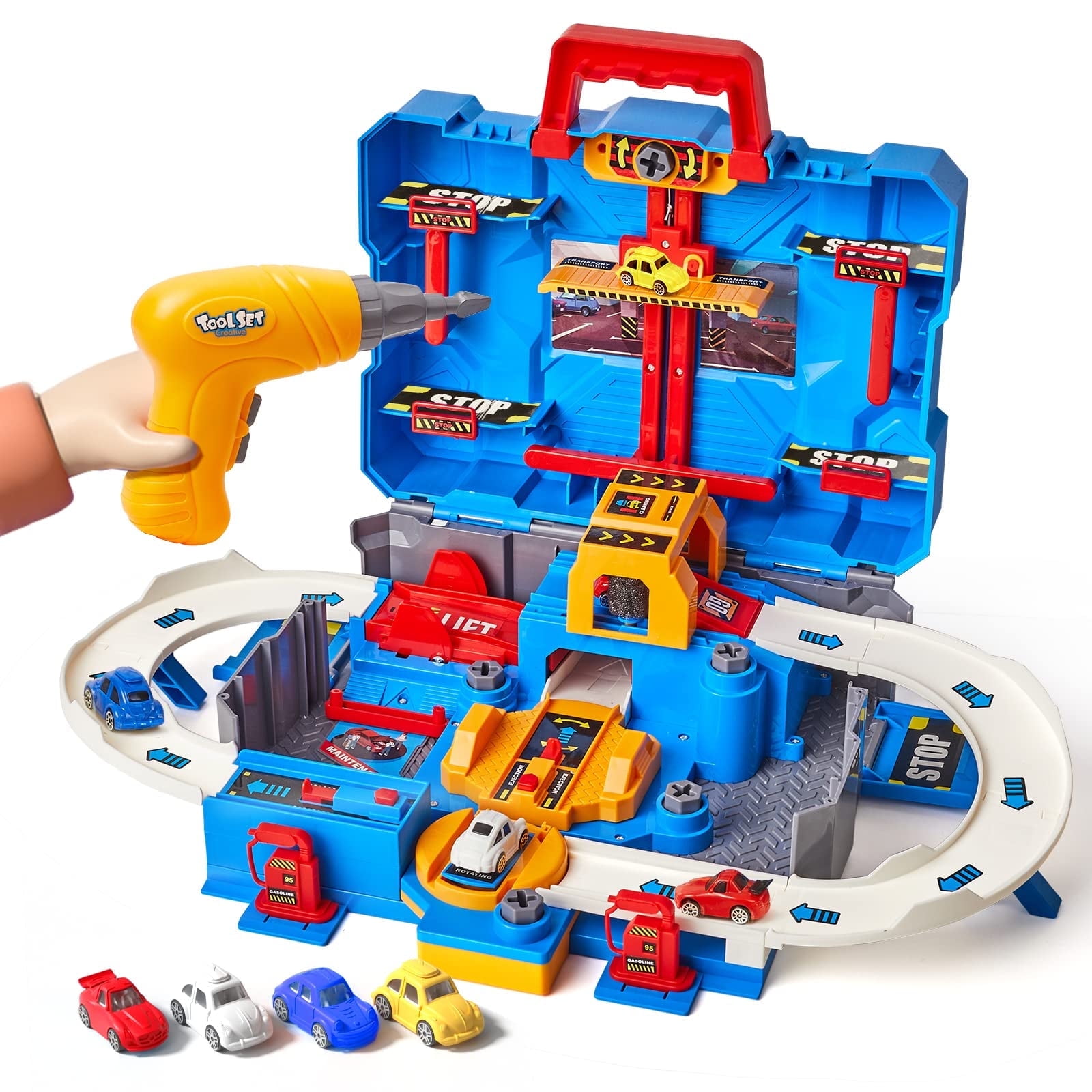 Adofi STEM Race Track Car Garage Set, Magnetic Toy with 4 Cars