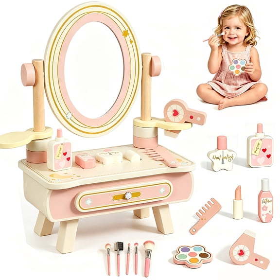 Adofi Wooden Vanity Set for Kids, Pretend Play Toddler Makeup Vanity Table Toys with 360 Rotatable Mirror, Girls Makeup Table with Accessories, Wooden Beauty Salon Play Set for Little Girls Age 3+