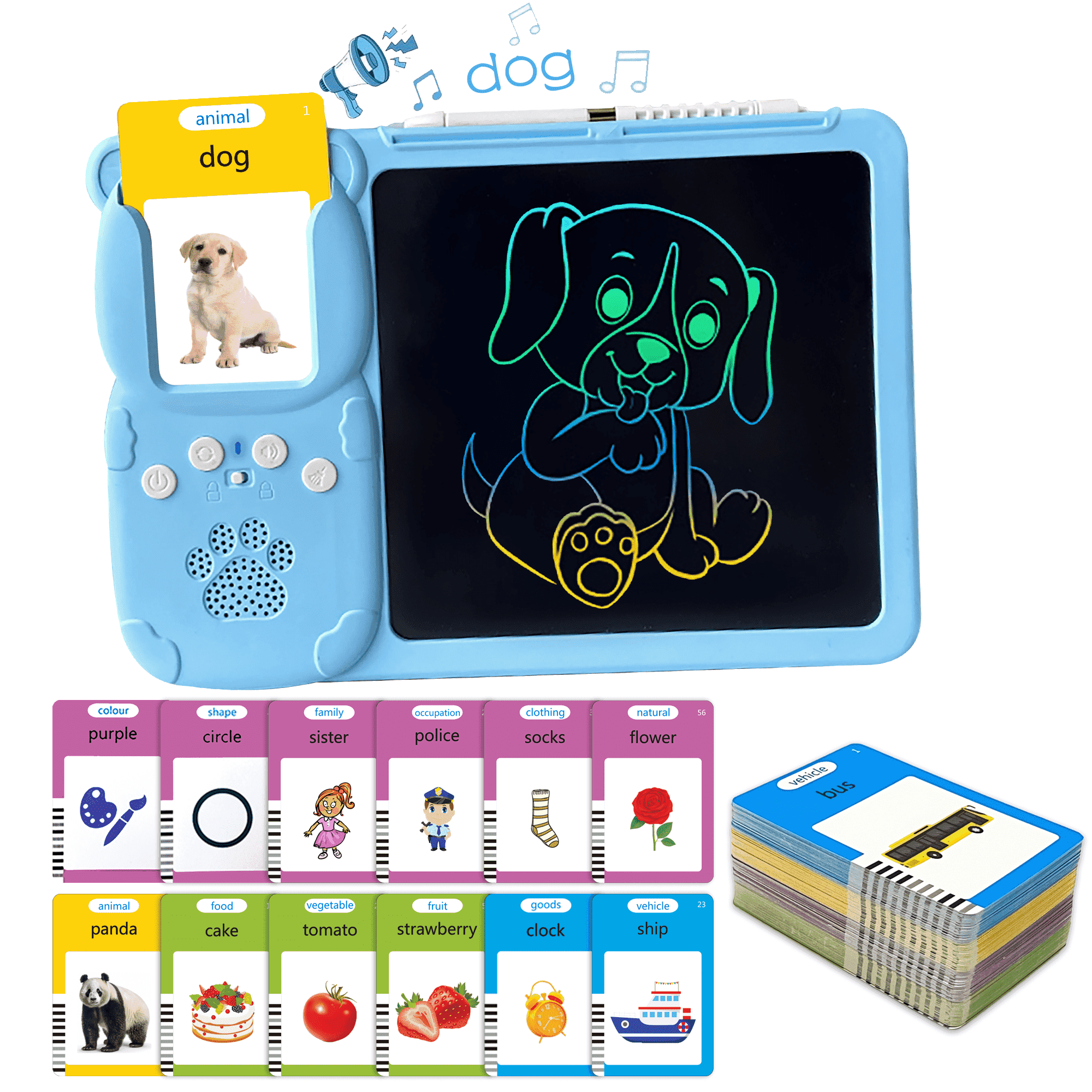 Adofi Talking Flash Cards with Drawing Tablet, Speech Therapy Toys for Toddlers 3-5, LCD Writing Tablet for Kids, Educational Toys for Children 3 8, Toys for Boys Girls 3 6 Years- Blue