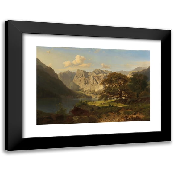 Adolf Chwala 14x11 Black Modern Framed Museum Art Print Titled - A Mountain Lake with Shepherds
