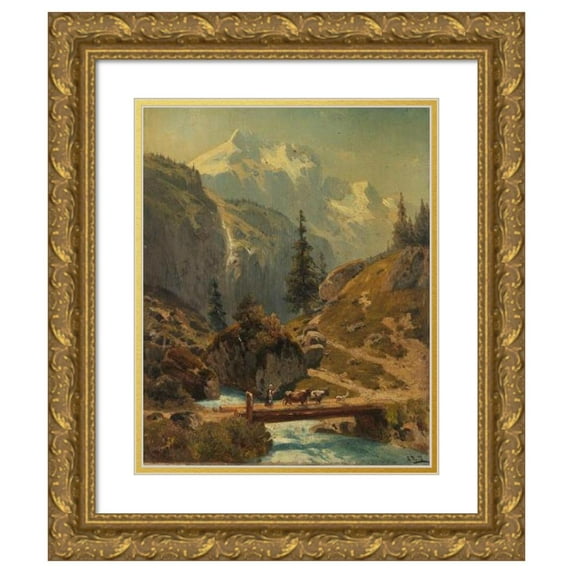 Adolf Conrad Mosengel 15x18 Gold Ornate Wood Frame and Double Matted Museum Art Print Titled - Birgsbach Im Hochgebirge (1873)