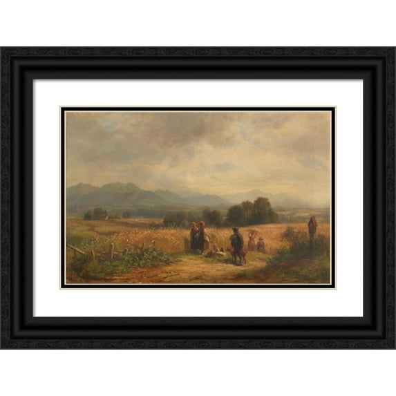 Adolf Heinrich Lier 24x17 Black Ornate Framed Double Matted Museum Art Print Titled: Harvest Day in Upper Bavaria Near Habach (1860)