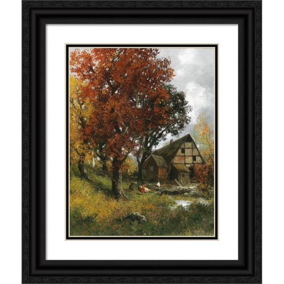 Adolf Kaufmann 12x14 Black Ornate Wood Framed Double Matted Museum Art Print Titled: Muhle in the Autumn Forest