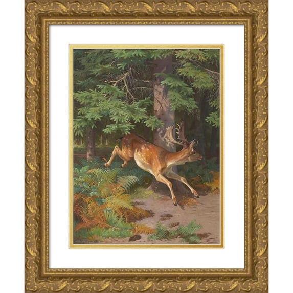 Adolf Mackeprang 12x14 Gold Ornate Wood Frame and Double Matted Museum Art Print Titled - Forest Party with Crown Wild in a Lighting