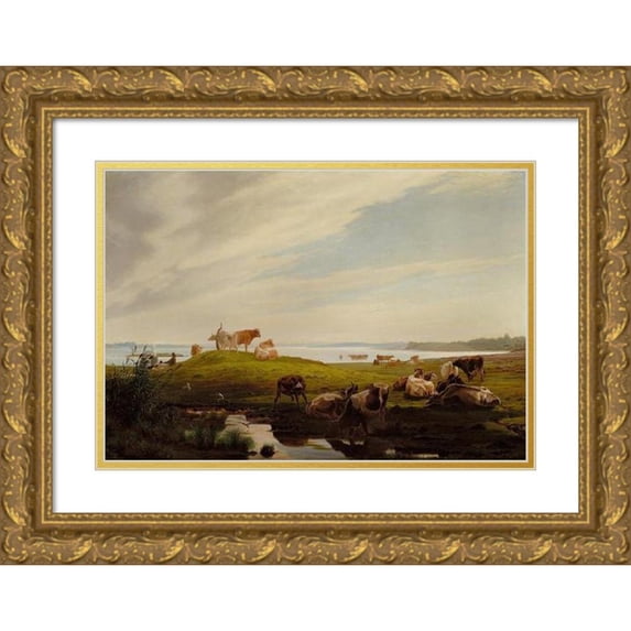 Adolf Mackeprang 18x14 Gold Ornate Wood Frame and Double Matted Museum Art Print Titled - Grazing Cows by the Fjord