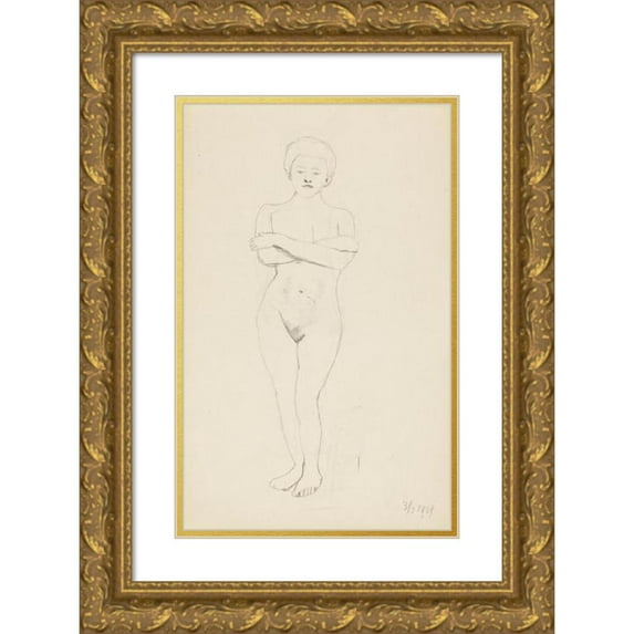 Adolf Sternschuss 11x14 Gold Ornate Wood Frame and Double Matted Museum Art Print Titled - The Act of Standing Woman Covering Her Hands with the Bust (1909)
