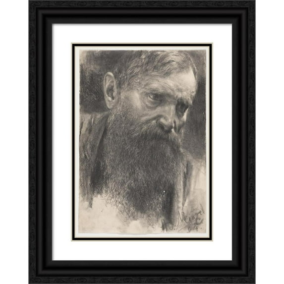 Adolph Menzel 14x18 Black Ornate Wood Framed Double Matted Museum Art Print Titled - Head of a Bearded Man in Half-Profile (1894)
