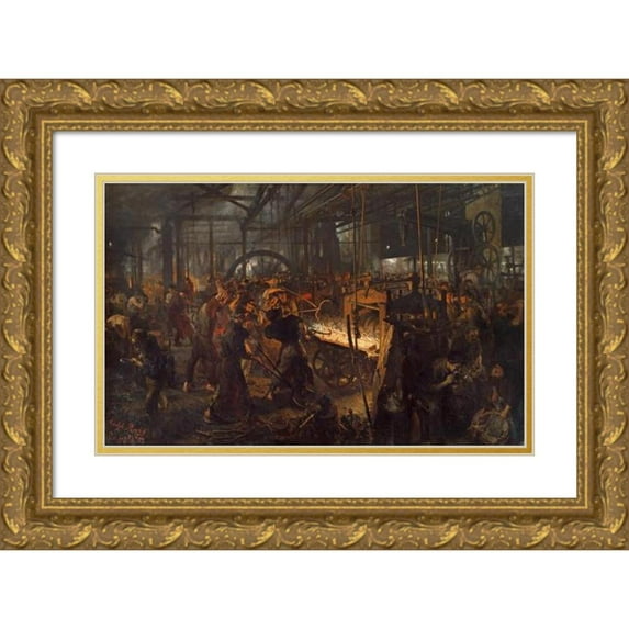 Adolph Menzel 18x13 Gold Ornate Wood Frame and Double Matted Museum Art Print Titled - The Iron Rolling Mill (Modern Cyclopes) (1875)