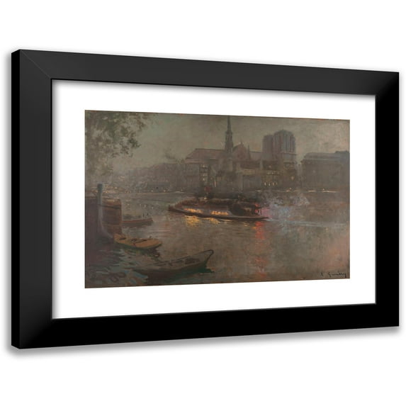 Adolphe-Ernest Gumery 14x11 Black Modern Framed Museum Art Print Titled - Boat-Flies on the Seine, in the Evening, in Front of Notre-Dame (1890)
