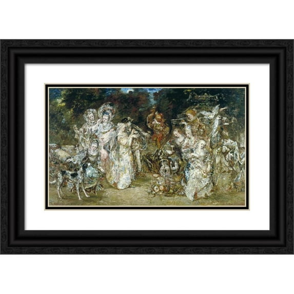 Adolphe Monticelli 24x16 Black Ornate Framed Double Matted Museum Art Print Titled: Meeting in a Park at Valois Time (1874)