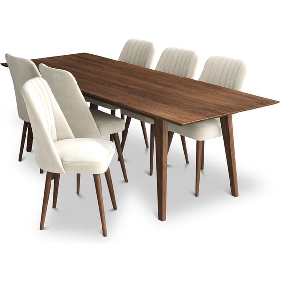 Adonis 7-Piece Mid-Century Dining Set with 6 Velvet Dining Chairs in Beige