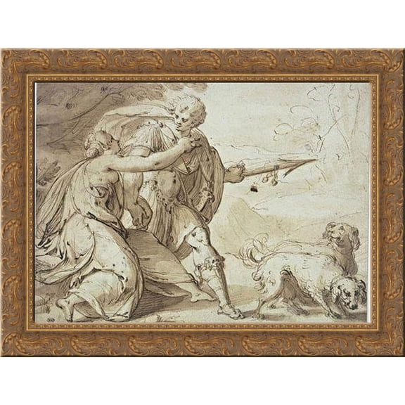 Adonis held back by Venus while going hunting 24x18 Gold Ornate Wood Framed Canvas Art by Hans von Aachen