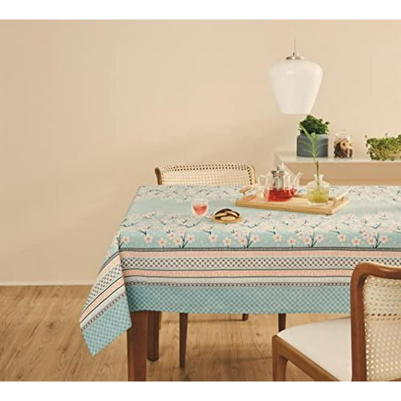 AdonisUSA Aqua Color Printed Floral Tablecloth with White Cherry Blossoms Sakura Flowers. Size 60 inch Round and 55x83 inch Rectangle