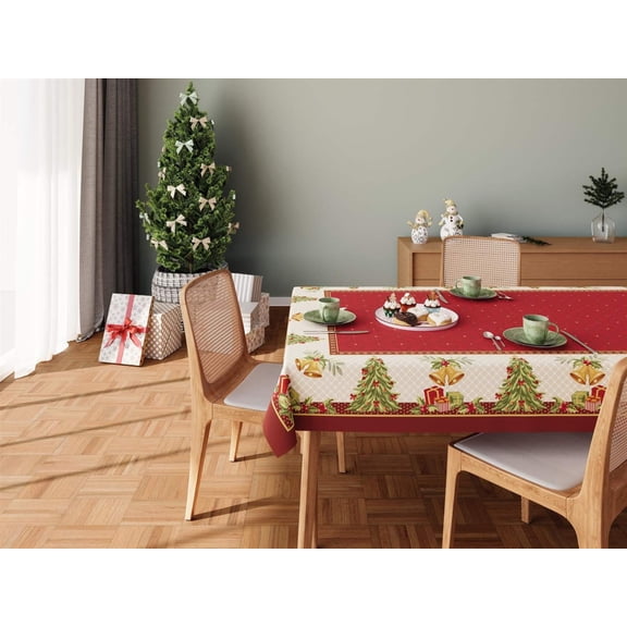 AdonisUSA Machine Washable Traditional Christmas Red Printed Cotton Tablecloth