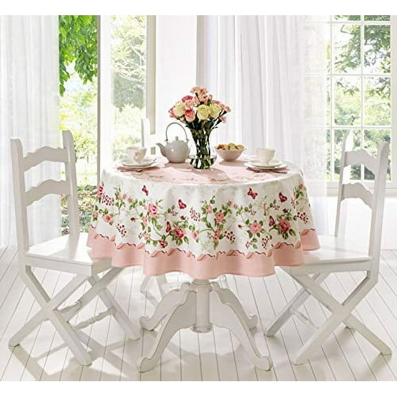 AdonisUSA Rose Decorative Printed Polyester Round or Rectangle Tablecloth Water Resistant Fabric Table Cover for Dining Room and Party 60 inch Round)