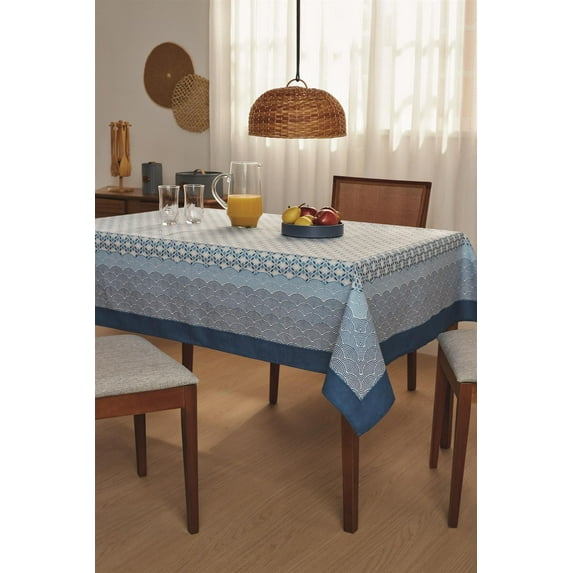 AdonisUSA White and Blue Printed Tablecloth with Geometric and Wave Pattern Bold Border ,Rectangle Tablecloth (55x87 Rectangle)