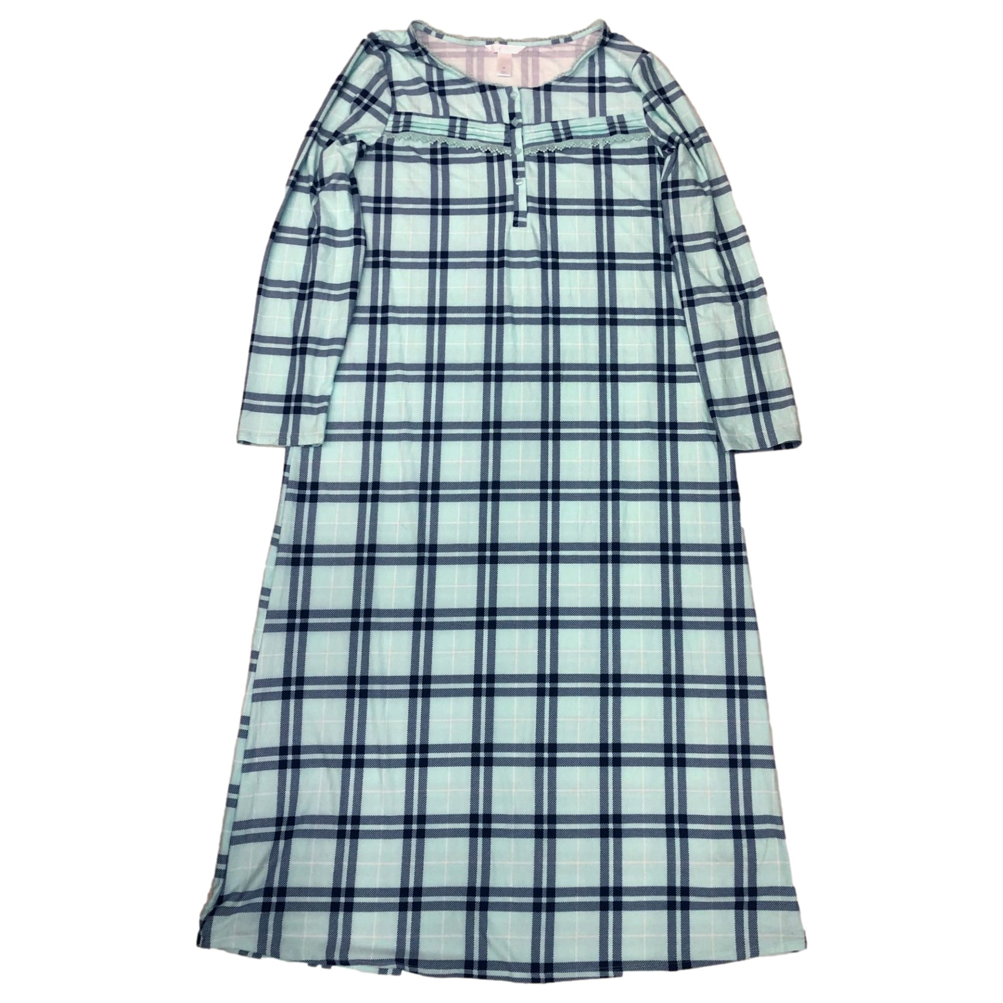 Adonna Womens Mint Blue Check Long Sleeve Nightgown Night Gown