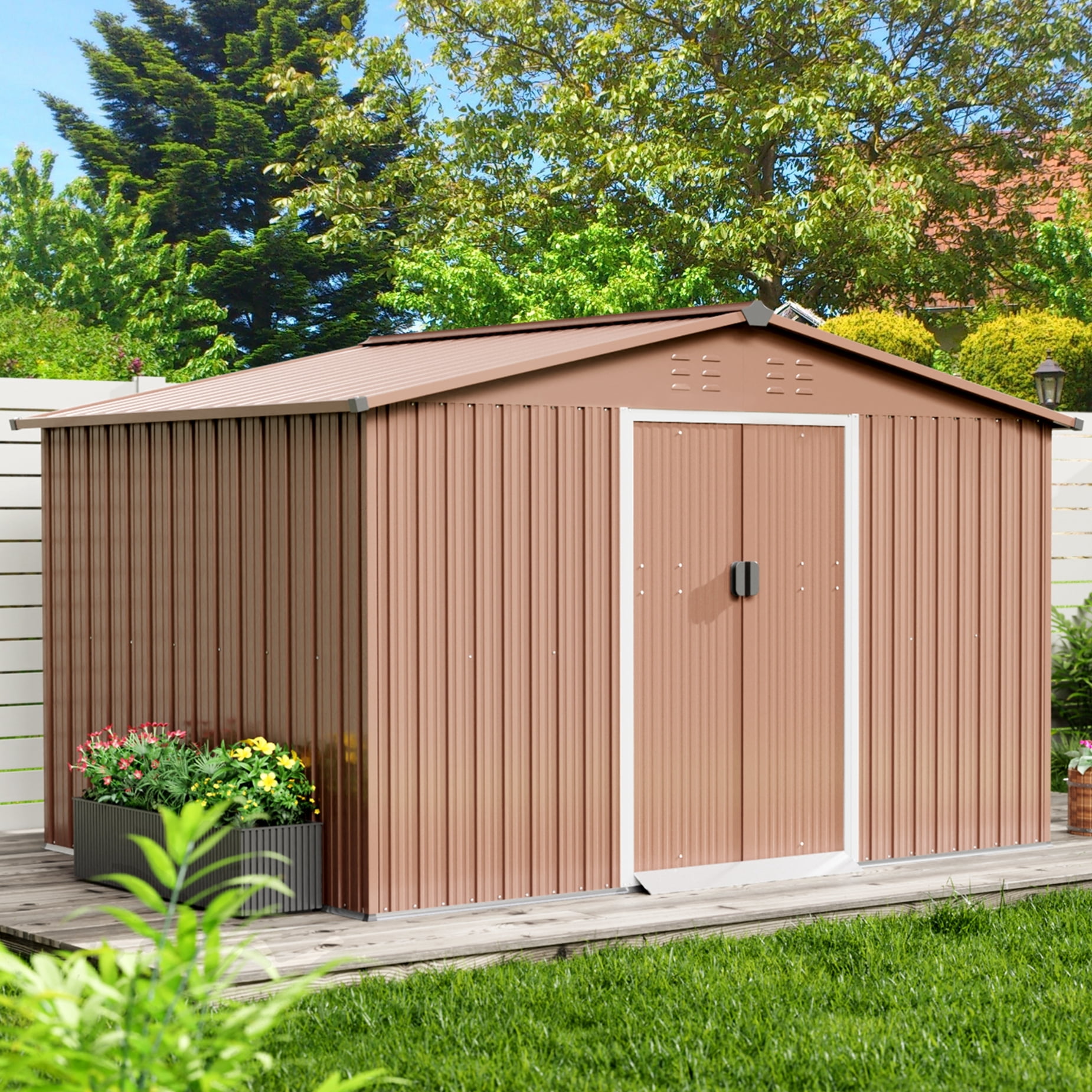 10' x 10' Brown Metal Outdoor Storage Shed with Sliding Doors