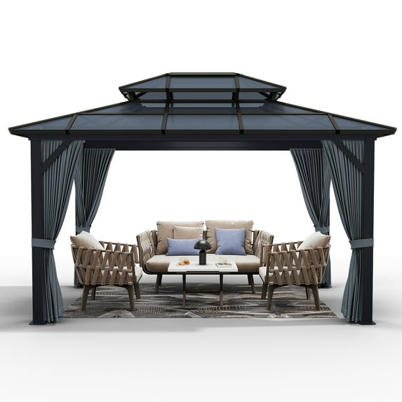 Adoolla 10'x13' Hardtop Gazebo for Patio with Netting and Curtains, Double Polycarbonate Roof Canopy Aluminium Frame Pavilion