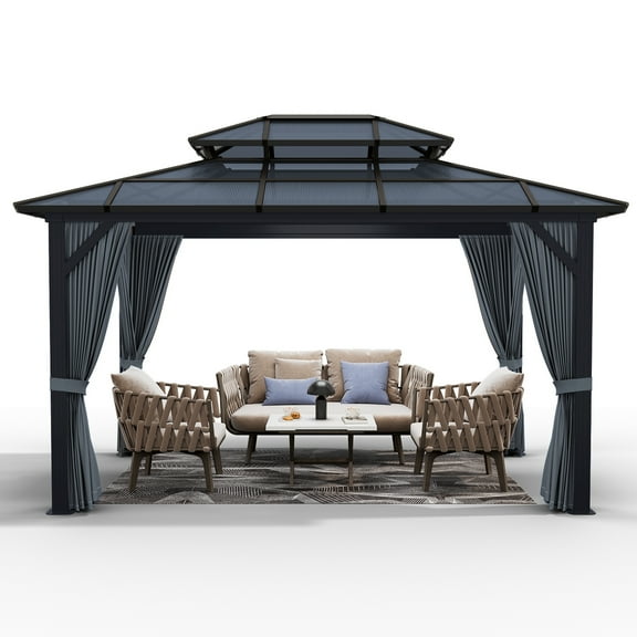 Adoolla 10'x13' Hardtop Gazebo for Patio with Netting and Curtains, Double Polycarbonate Roof Canopy Aluminium Frame Pavilion
