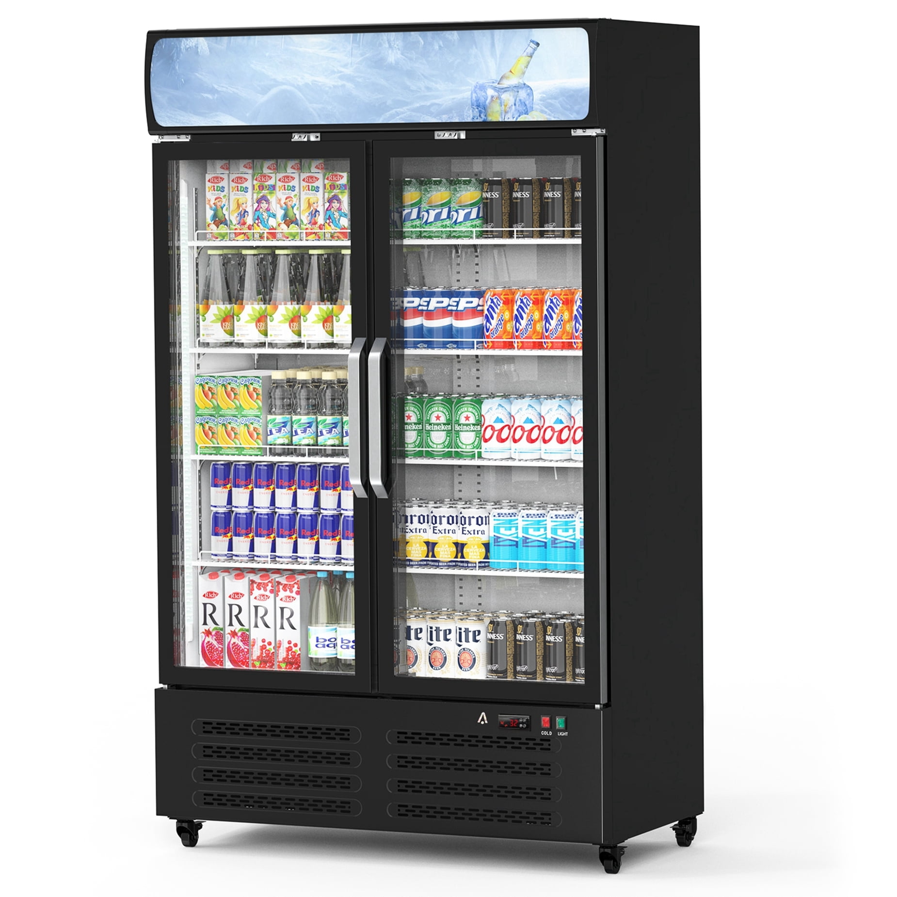 Adoolla 25 Cu.Ft. Double Glass Door Commercial Upright Merchandiser Display Refrigerator with Adjustable Shelves & Lightbox