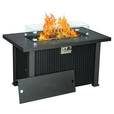 Adoolla 44" Outdoor Propane Gas Fire Pit Table 50,000 BTU with Lid, Lava Rock & Glass Wind Guard