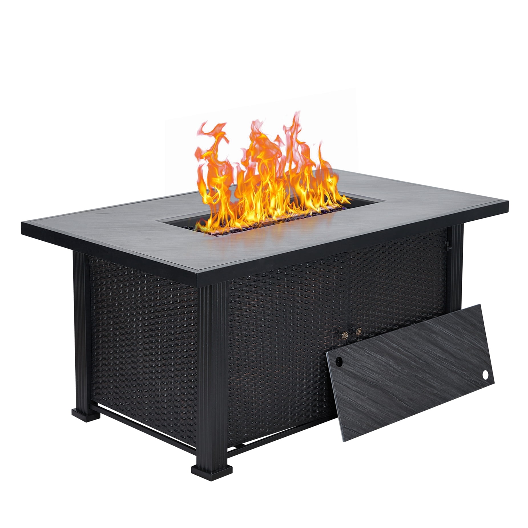 52" Black Slate Gas Fire Pit Table with Rattan Panel